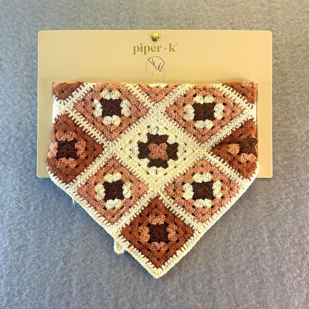 Piper K Crochet Granny Square Headscarf Bandana Brown Cream Boho Tie Back